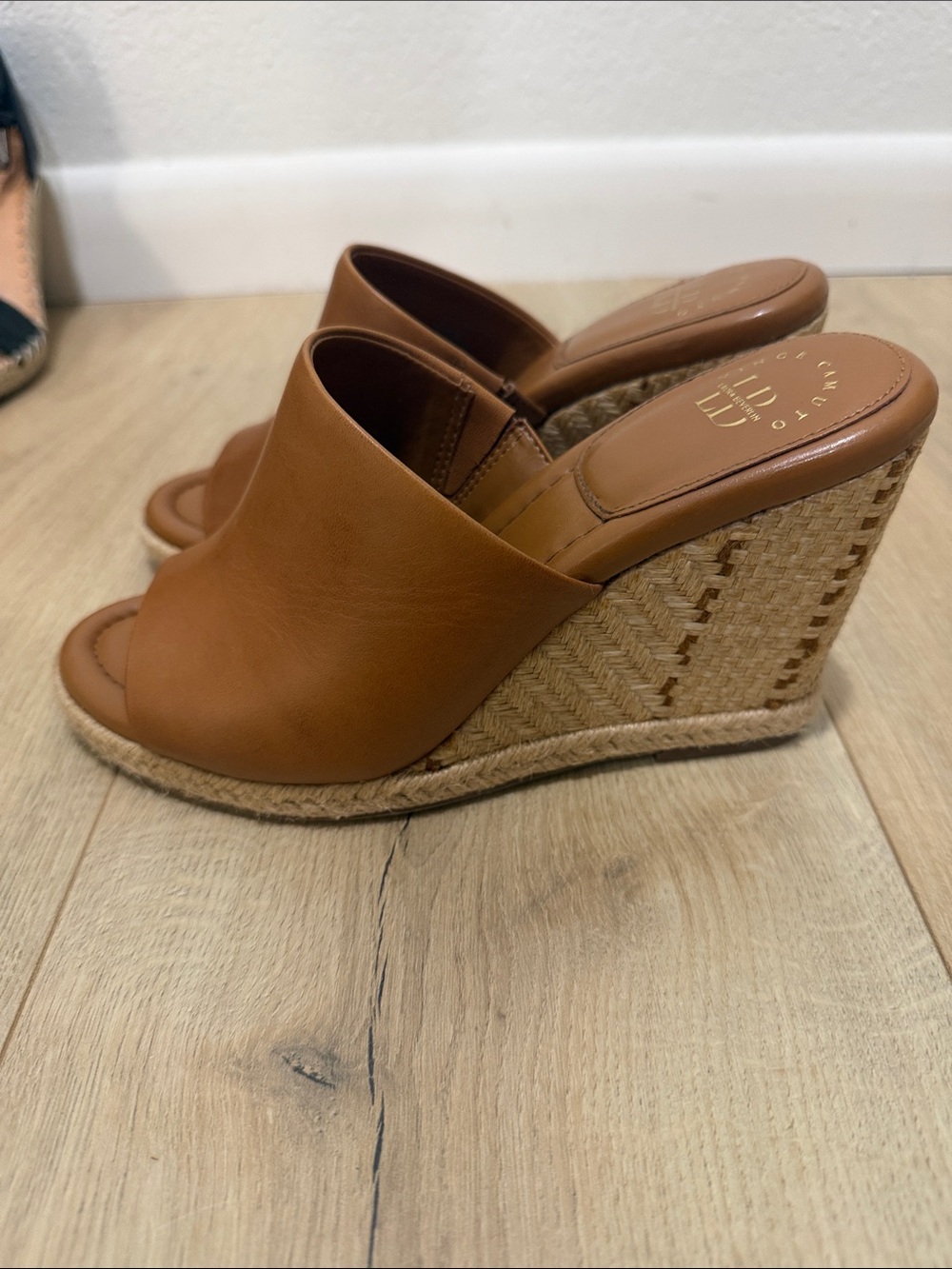 Vince Camuto Cognac Leather Wedge Slide Sandals - Picture 3 of 7